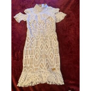 Maria Gueixa White Lace Cold Shoulder Dress High Neck Tan Lining Ruffle Hem P